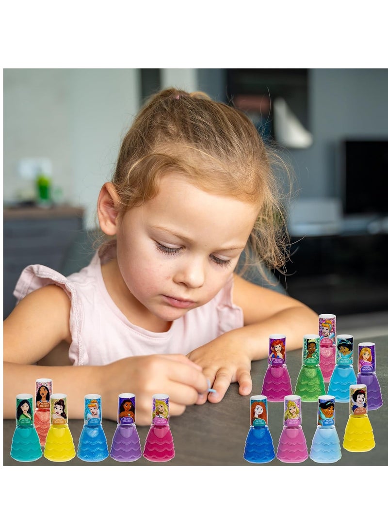 Disney Princess 15 Piece Water-Based Nail Polish with 3 Toe Spacers, Quick Dry, Peel Off, Gift Kit Set for Kids Girls, Ages 3 by Townley Girl