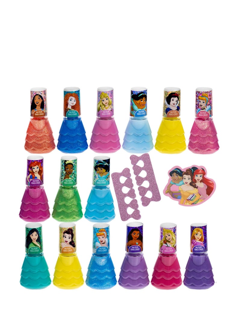 Disney Princess 15 Piece Water-Based Nail Polish with 3 Toe Spacers, Quick Dry, Peel Off, Gift Kit Set for Kids Girls, Ages 3 by Townley Girl