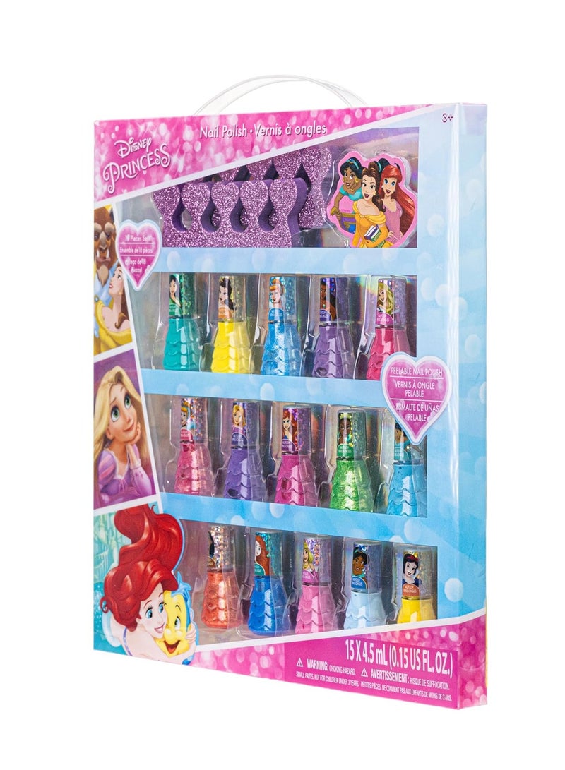 Disney Princess 15 Piece Water-Based Nail Polish with 3 Toe Spacers, Quick Dry, Peel Off, Gift Kit Set for Kids Girls, Ages 3 by Townley Girl