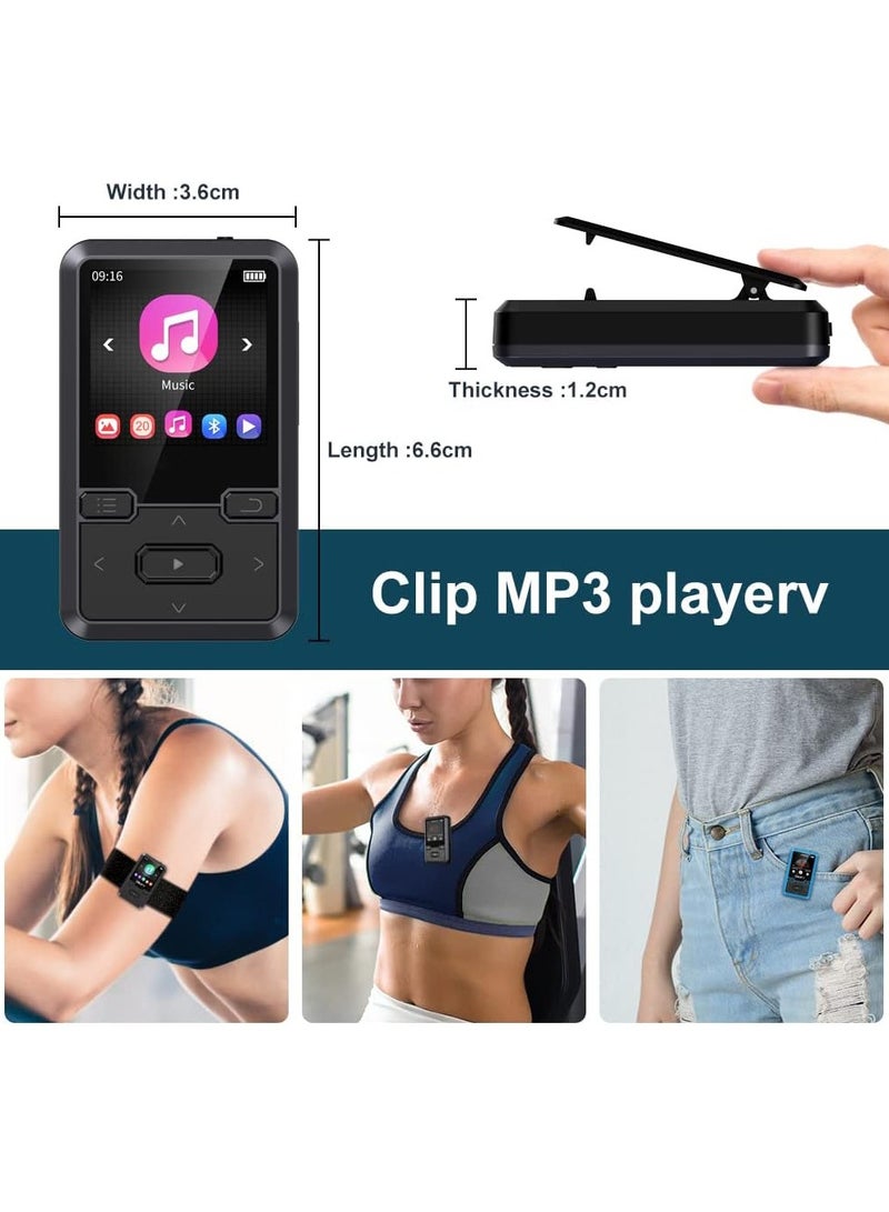 32GB Clip MP3 Player Bluetooth 5.0, Portable Wearable Sports Music Player, Ultra Light Hi-Fi Lossless Sound Quality MP3 Player for Kids, FM Radio Support, Pedometer, Max 128GB (Black)