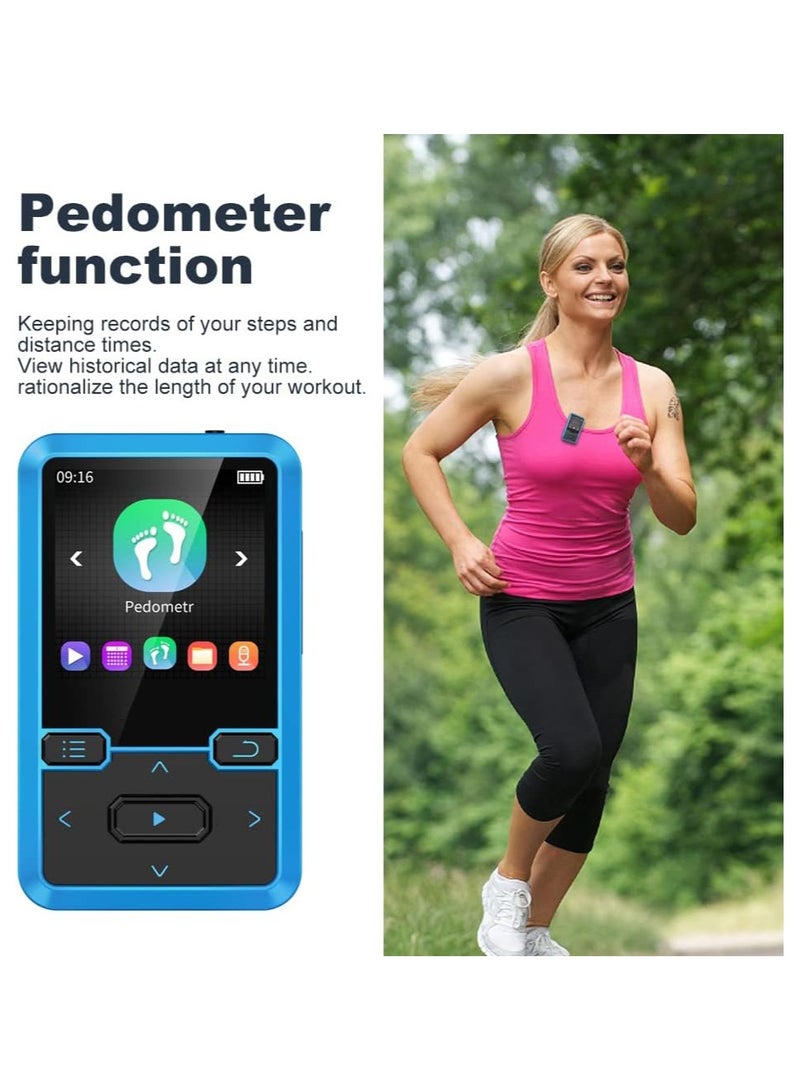 Clip MP3 player with Bluetooth 5.0 MP3 digital audio music player portable wearable mp3 & mp4, ultra-lightweight MP3 player for kids, FM radio support, pedometer, up to 128GB (Blue)