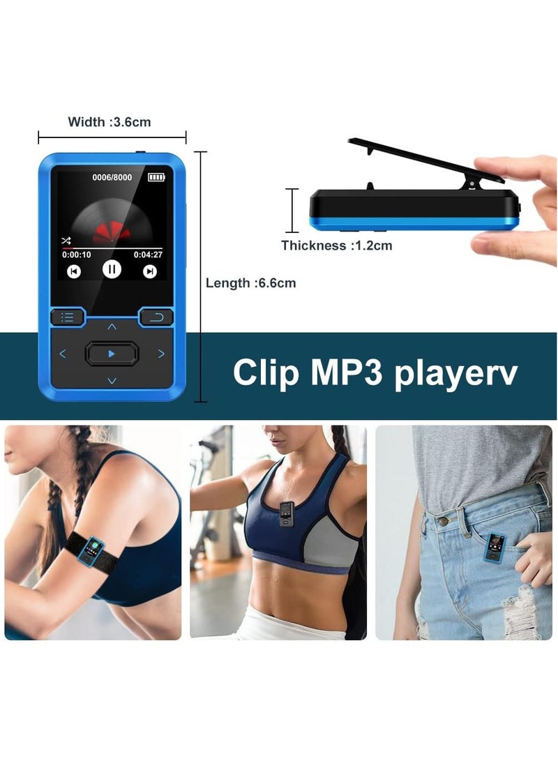 Clip MP3 player with Bluetooth 5.0 MP3 digital audio music player portable wearable mp3 & mp4, ultra-lightweight MP3 player for kids, FM radio support, pedometer, up to 128GB (Blue)