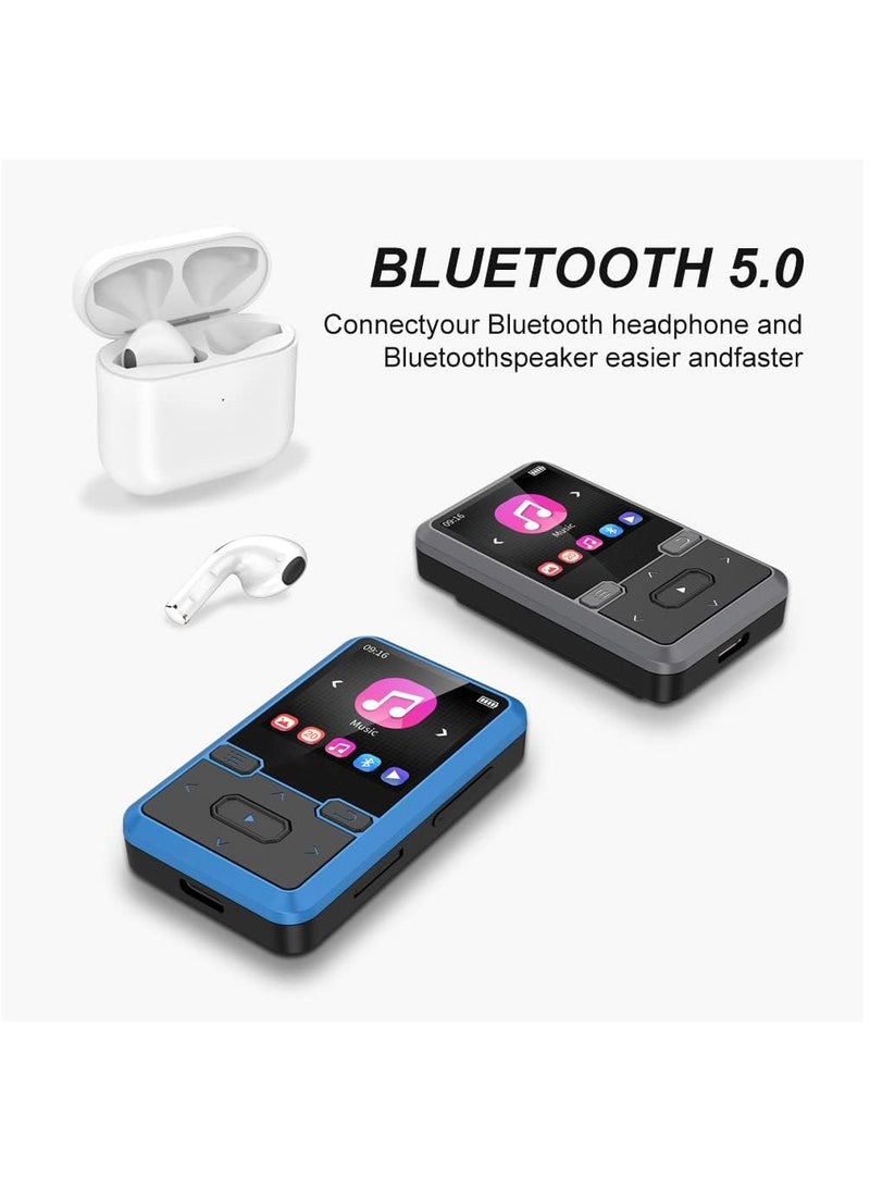 Clip MP3 player with Bluetooth 5.0 MP3 digital audio music player portable wearable mp3 & mp4, ultra-lightweight MP3 player for kids, FM radio support, pedometer, up to 128GB (Blue)