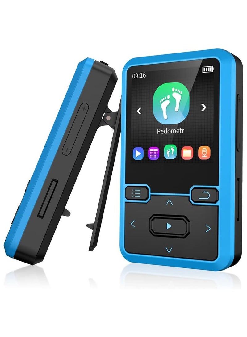 Clip MP3 player with Bluetooth 5.0 MP3 digital audio music player portable wearable mp3 & mp4, ultra-lightweight MP3 player for kids, FM radio support, pedometer, up to 128GB (Blue)