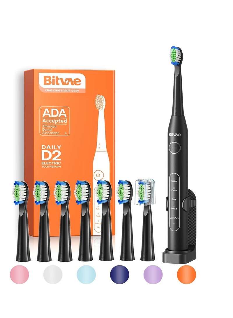 Bitvae Electric Toothbrush for Adults - Ultrasonic Electric Toothbrushes with 8 Brush Heads, ADA Accepted Power Rechargeable Toothbrush with 5 Modes, Smart Timer, Black D2