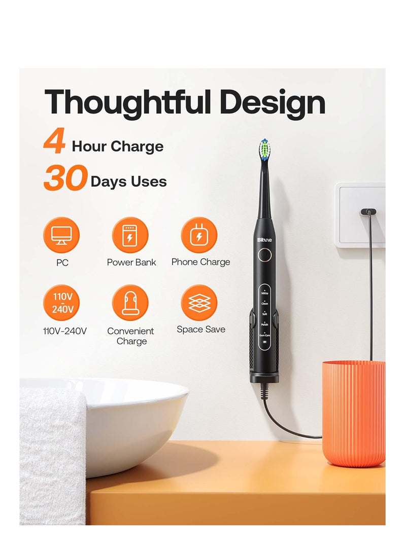 Bitvae Electric Toothbrush for Adults - Ultrasonic Electric Toothbrushes with 8 Brush Heads, ADA Accepted Power Rechargeable Toothbrush with 5 Modes, Smart Timer, Black D2