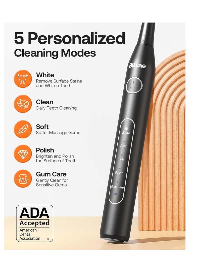 Bitvae Electric Toothbrush for Adults - Ultrasonic Electric Toothbrushes with 8 Brush Heads, ADA Accepted Power Rechargeable Toothbrush with 5 Modes, Smart Timer, Black D2