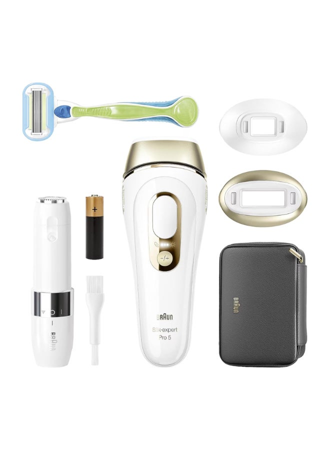 Braun Silk-expert PL 5146, IPL hair removal system for use on body and face, 400,000 flashes with 4 extras, FS1000 Face Mini Hair Remover, Precision head, Venus razor and Soft bag White / Gold