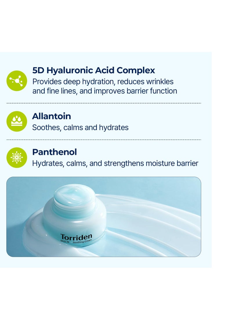 Torriden DIVE-IN Hyaluronic Acid Soothing Cream 3.38 fl oz | Revitalizing Facial Moisturizer for Sensitive, Dry Skin | Fragrance-free, Alcohol-free, No Colorants | Vegan, Cruelty-Free