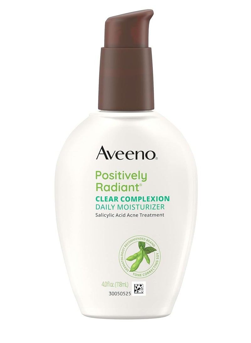 Aveeno Positively Radiant Clear Complexion Face Moisturizer, Acne Facial Moisturizer with Soy and Salicylic Acid for Oily Skin, Hypoallergenic Formula, Paraben-Free, Non-Comedogenic, Pump, 4 FL OZ