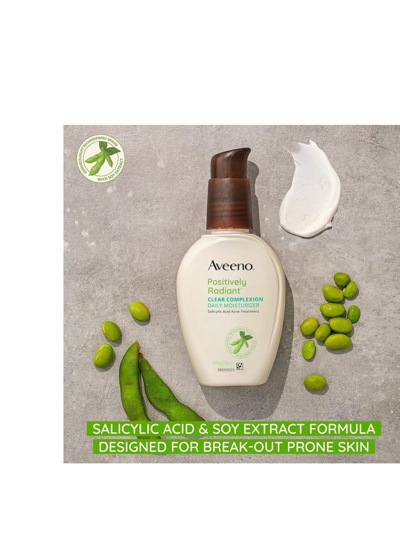 Aveeno Positively Radiant Clear Complexion Face Moisturizer, Acne Facial Moisturizer with Soy and Salicylic Acid for Oily Skin, Hypoallergenic Formula, Paraben-Free, Non-Comedogenic, Pump, 4 FL OZ