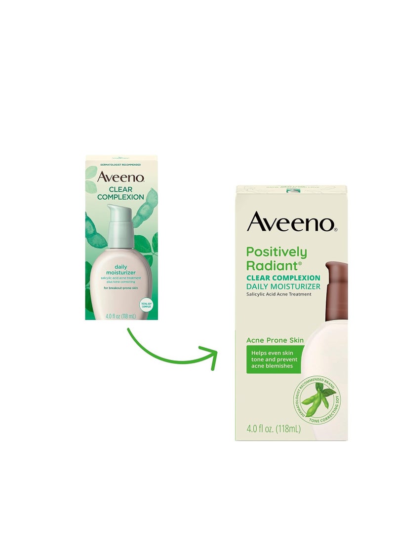 Aveeno Positively Radiant Clear Complexion Face Moisturizer, Acne Facial Moisturizer with Soy and Salicylic Acid for Oily Skin, Hypoallergenic Formula, Paraben-Free, Non-Comedogenic, Pump, 4 FL OZ