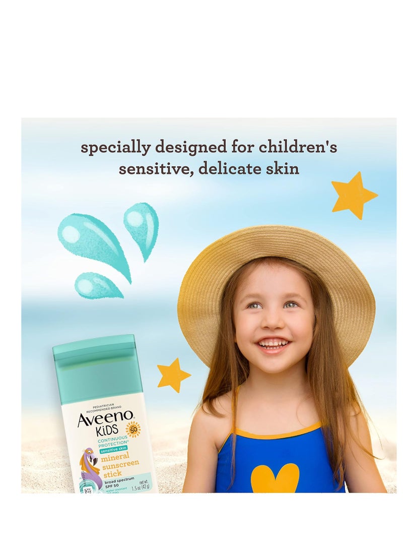 Aveeno Kids Continuous Protection Zinc Oxide Mineral Sunscreen Stick for Sensitive Skin, Face & Body Sunscreen Stick for Kids with Broad Spectrum SPF 50, Sweat- & Water-Resistant, 1.5 oz