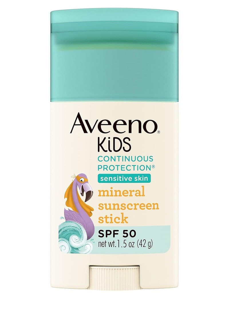 Aveeno Kids Continuous Protection Zinc Oxide Mineral Sunscreen Stick for Sensitive Skin, Face & Body Sunscreen Stick for Kids with Broad Spectrum SPF 50, Sweat- & Water-Resistant, 1.5 oz