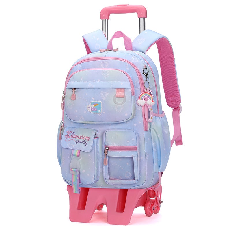 New childrens trolley schoolbag primary school girls third to sixth grade large capacity waterproof stair climbing disassembly dual-purpose Lake blue high foot six wheel