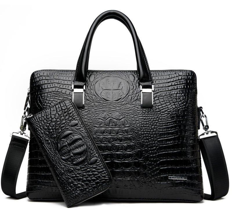 Cross-border New Double Pull Mens Handbag Fashion Crocodile Shoulder Crossbody Computer Briefcase Mens Bag Wholesale 8812 black set of large bag + handbag Black