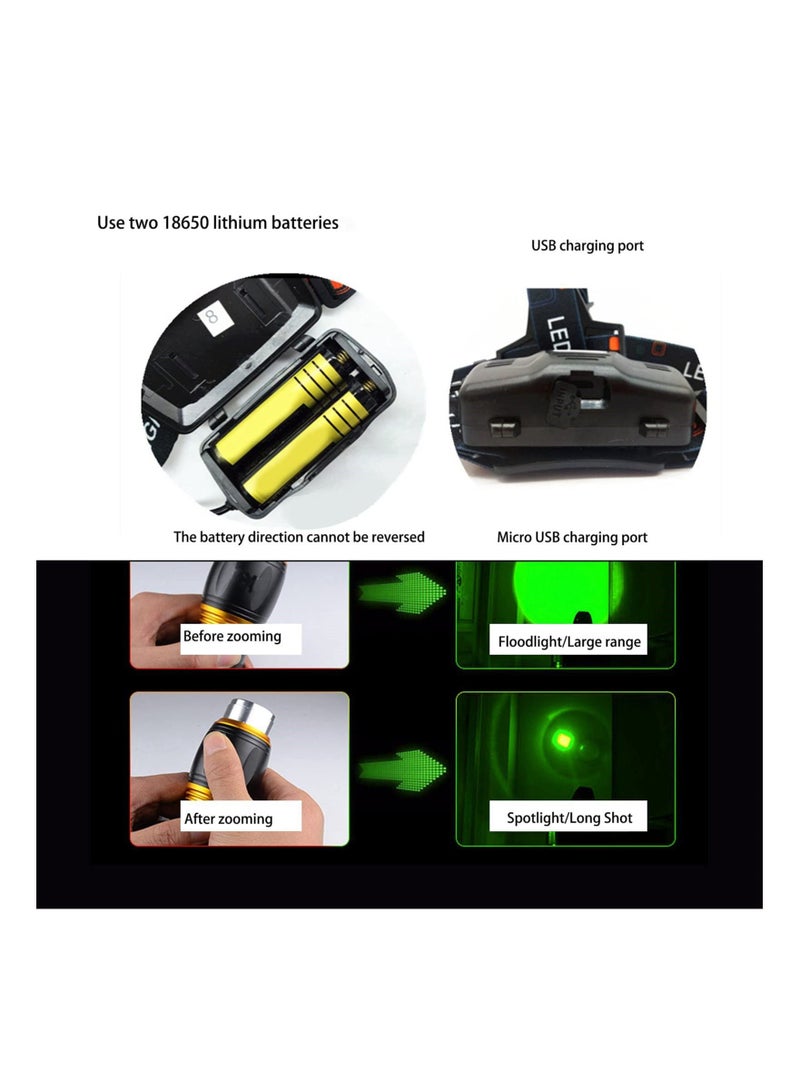 Headlamp Rechargeable, High Brightness Green Light Headlight USB Charging Waterproof Drop-proof for Hunting Fishing Hiking Cycling(Battery Included)