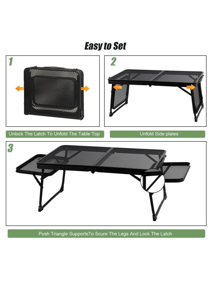Outdoor Folding Table Camping Barbecue Table Portable Multifunctional Camping Table With 2 Side Panels Folding Picnic Table Sturdy Metal Mesh Tabletop Easy To Carry Waterproof And Heat-Resistant Black