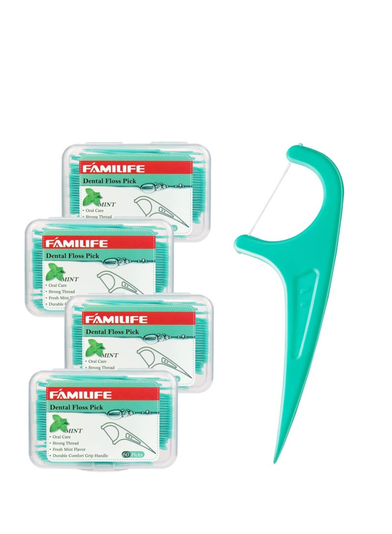 FAMILIFE Floss Picks, 240 Count Mint Dental Floss Picks, Tooth Picks Flossers with 4 Travel Handy Cases, Helps to Fight Tooth Decay and Keep Your Teeth Clean, Floss Sticks for Family