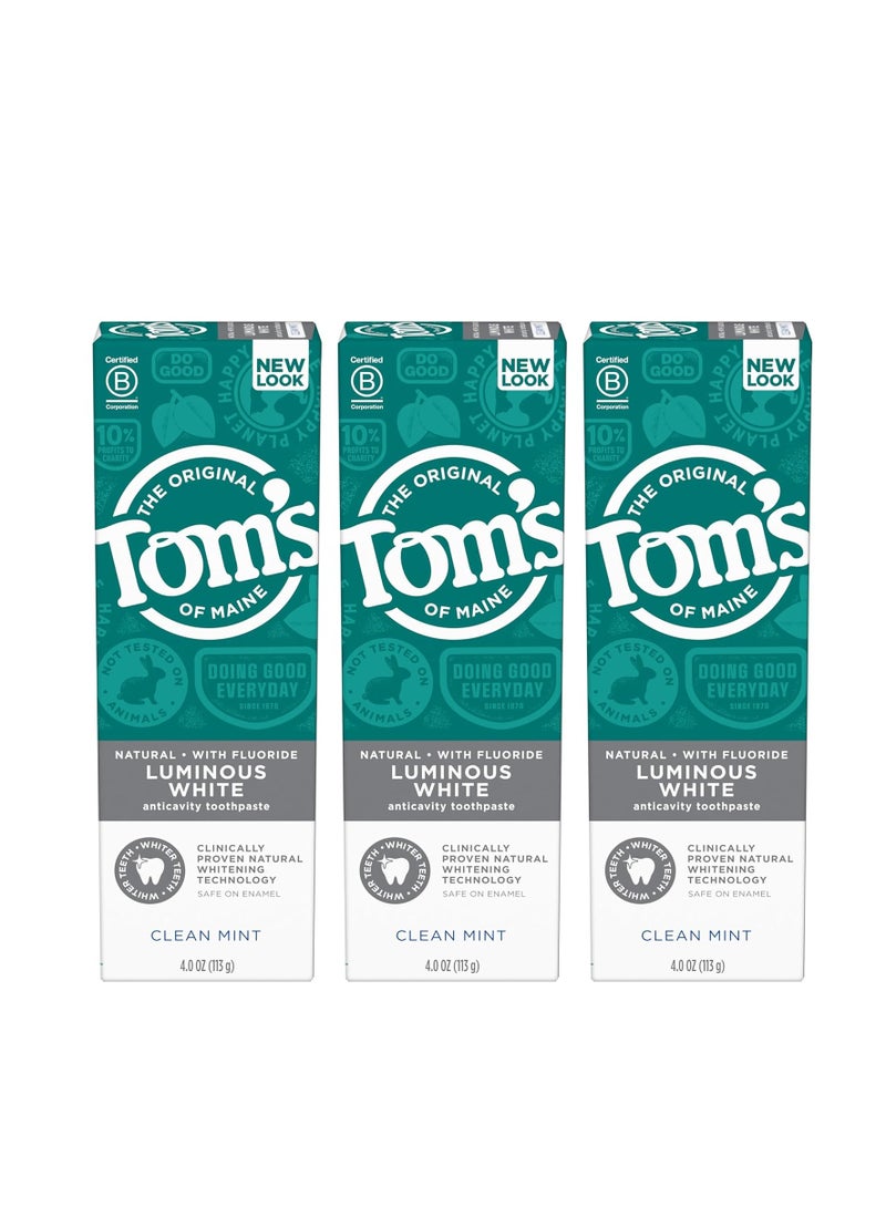 Tom's of Maine Natural Luminous White Toothpaste with Fluoride, Clean Mint, 4.0 oz. 3-Pack