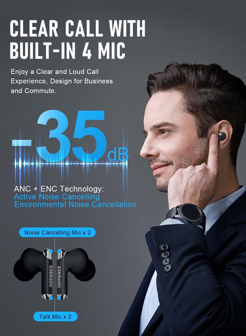 ZIPFORCE True Wireless Earbuds, Fully In-Ear Bluetooth 5.3 Headphones 4-Mics ANC + ENC Clear Call, Bluetooth Earbuds Touch Control 40 Playtime, IPX6 Waterproof TWS, Light-Weight Earphones