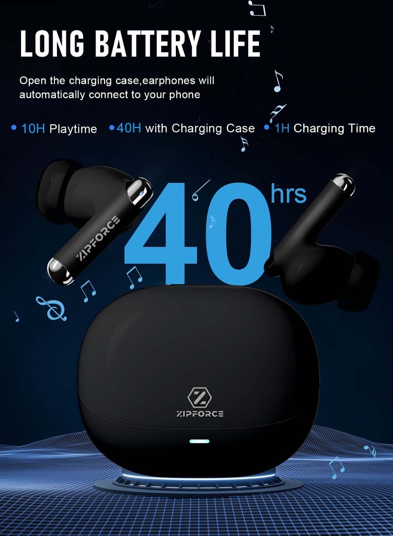 ZIPFORCE True Wireless Earbuds, Fully In-Ear Bluetooth 5.3 Headphones 4-Mics ANC + ENC Clear Call, Bluetooth Earbuds Touch Control 40 Playtime, IPX6 Waterproof TWS, Light-Weight Earphones