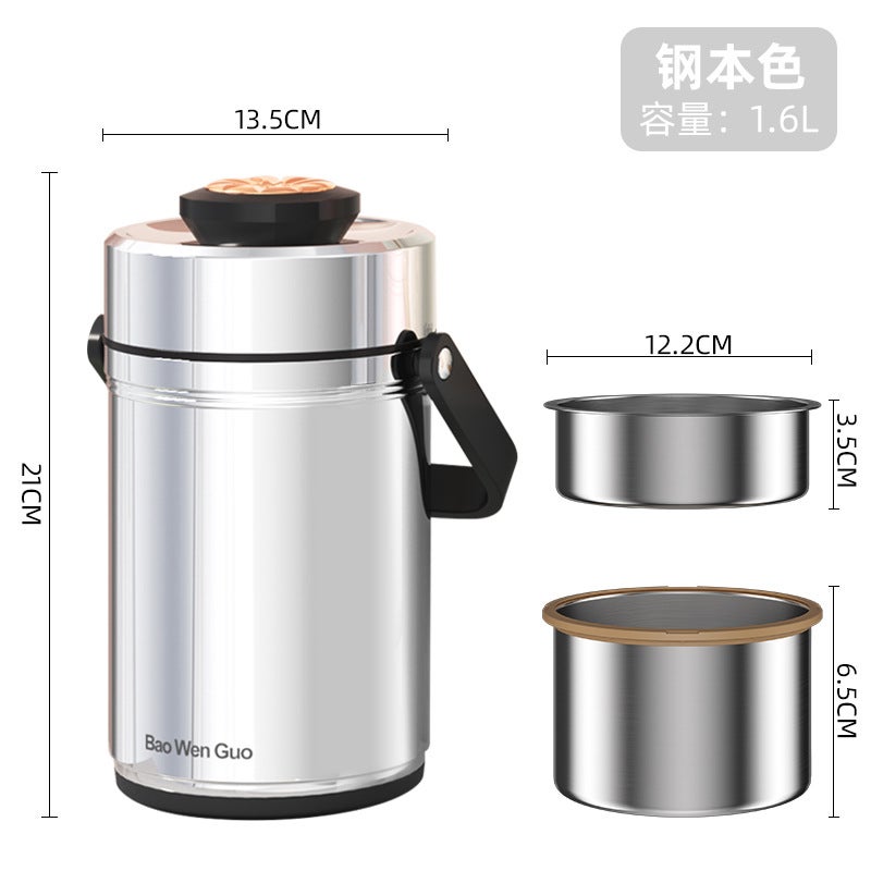 304 Stainless Steel Portable Vacuum Heat Preservation Pot Household Multi-layer Portable Heat Preservation Bucket Lunch Box for Office Students Steel natural color 1.6L