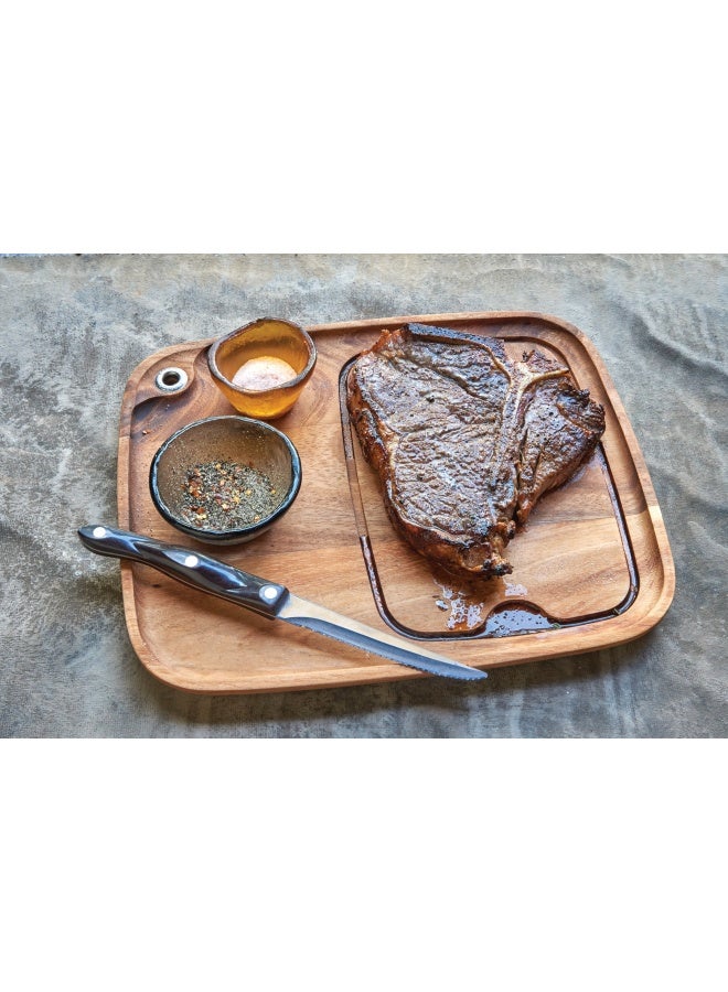 Ironwood Gourmet Fort Worth Steak Plate With Juice Channel  Acacia Wood 13 X 11 X 0.75 -Inches