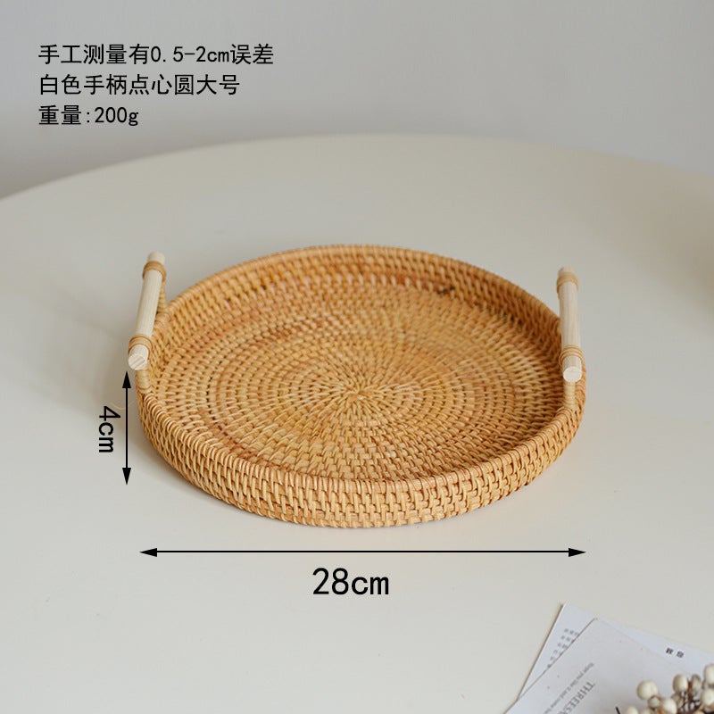 Nordic Woven Storage Snack Candy Nut Tray(White handle) round snacks large 28*4cm (White handle) round snacks large 28*4cm