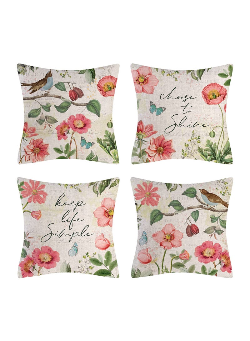 Throw Pillow Covers, Set of 4 Spring Flower Pillow Covers Linen Decorative Pillow Cases for Sofa Couch Living Room Outdoor (45 * 45 cm, Pink Flower)