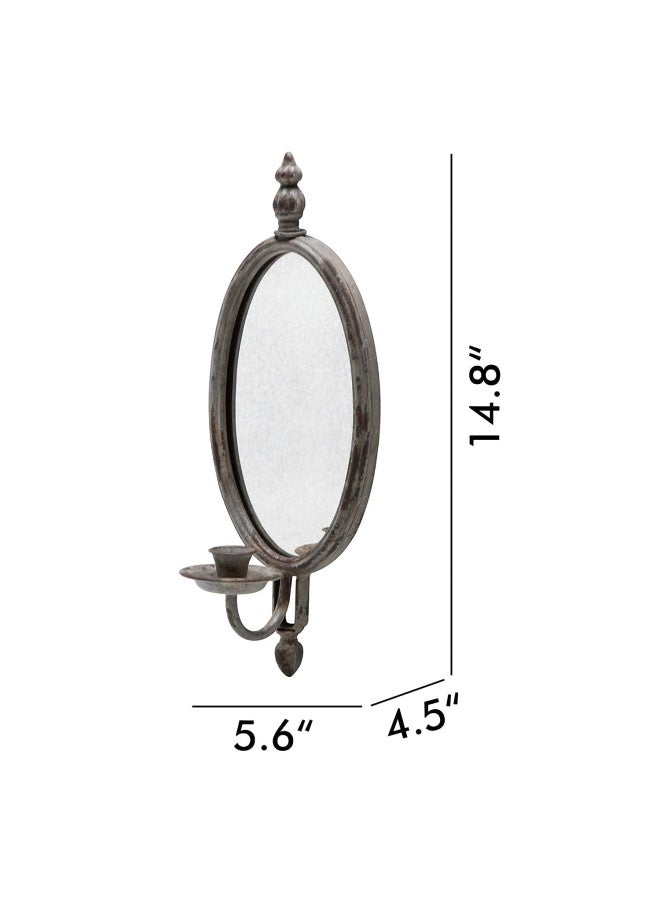 Soffee Design Antique Metal Candle Holder Wall Mounted With Oval Faded Looking Mirror Distressed Candlestick Holder Iron Candle Sconce Rustic Hanging Wall Candleholder Home Décor