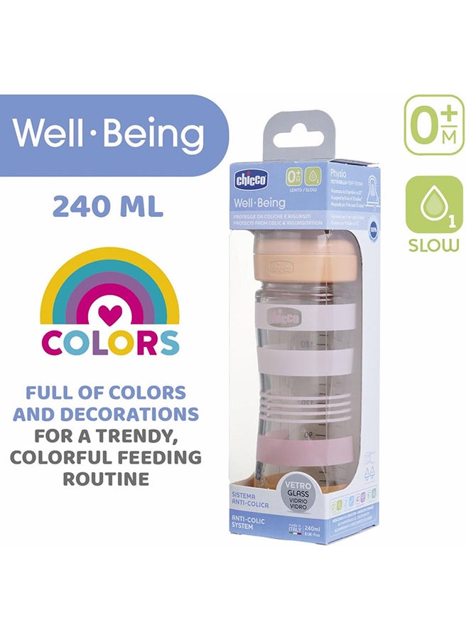 Well-Being Silicone Glass Feeding Bottle 240Ml, Slow Flow, 0M+, Pink