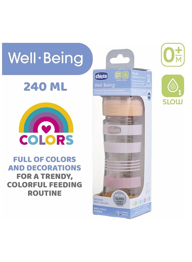 Well-Being Silicone Glass Feeding Bottle 240Ml, Slow Flow, 0M+, Yellow