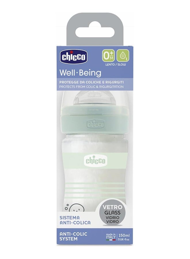 Well-Being Glass Silicone Feeding Bottle 150Ml, Slow Flow, 0M+, Green