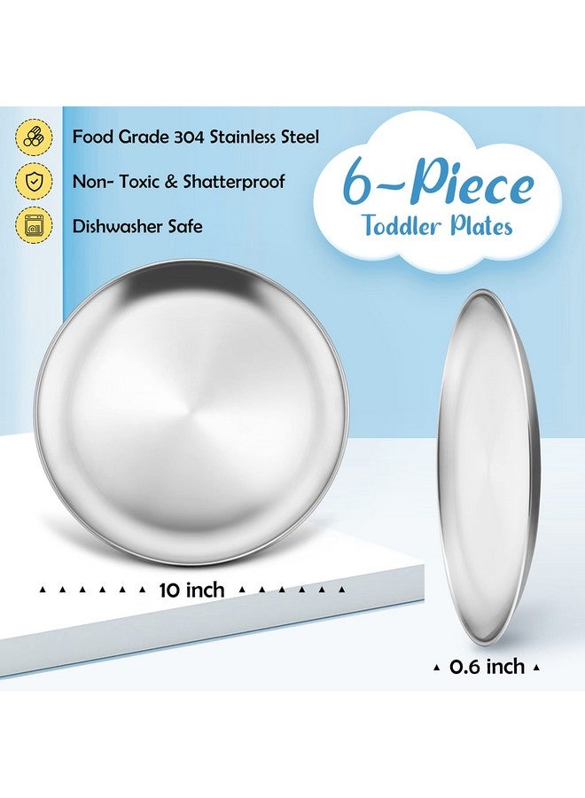 6Piece 18/8 Kids Plates Stainless Steel 304 Dinner Dishes For Toddlers Children 10 Inches Feeding Serving Camping Metal Plates Reusable Dinnerware Shatterproof & Nontoxic Dishwasher Safe
