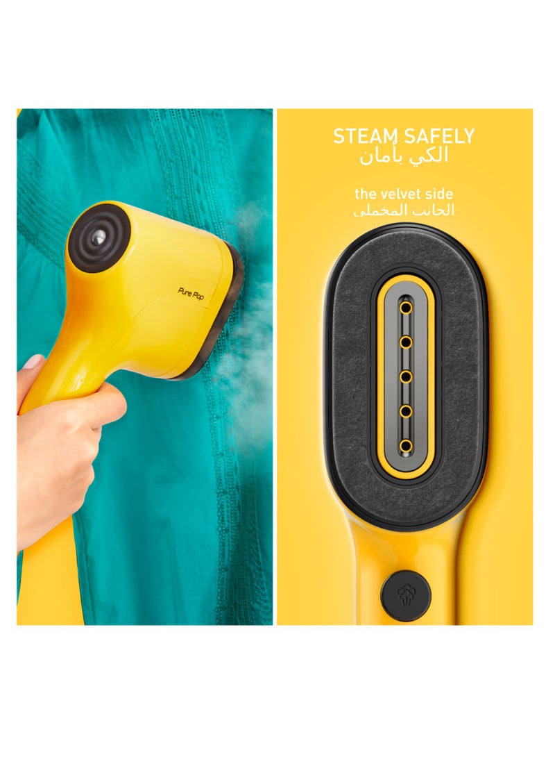 Garment Steamer|Pure POP|Steams/Purifies Garments|Steam Output Up to 20 g/min|Delicate Fabrics|Reversible Pad System|Travel-Friendly|2 Years Warranty 0.2 kg 1 W DT2026G0 Yellow