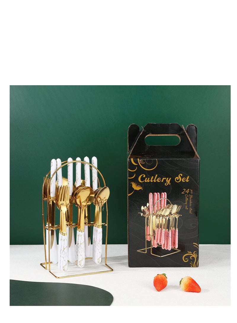 24 Piece Ceramics Stainless Steel Flatware Set with Knife Spoon Fork