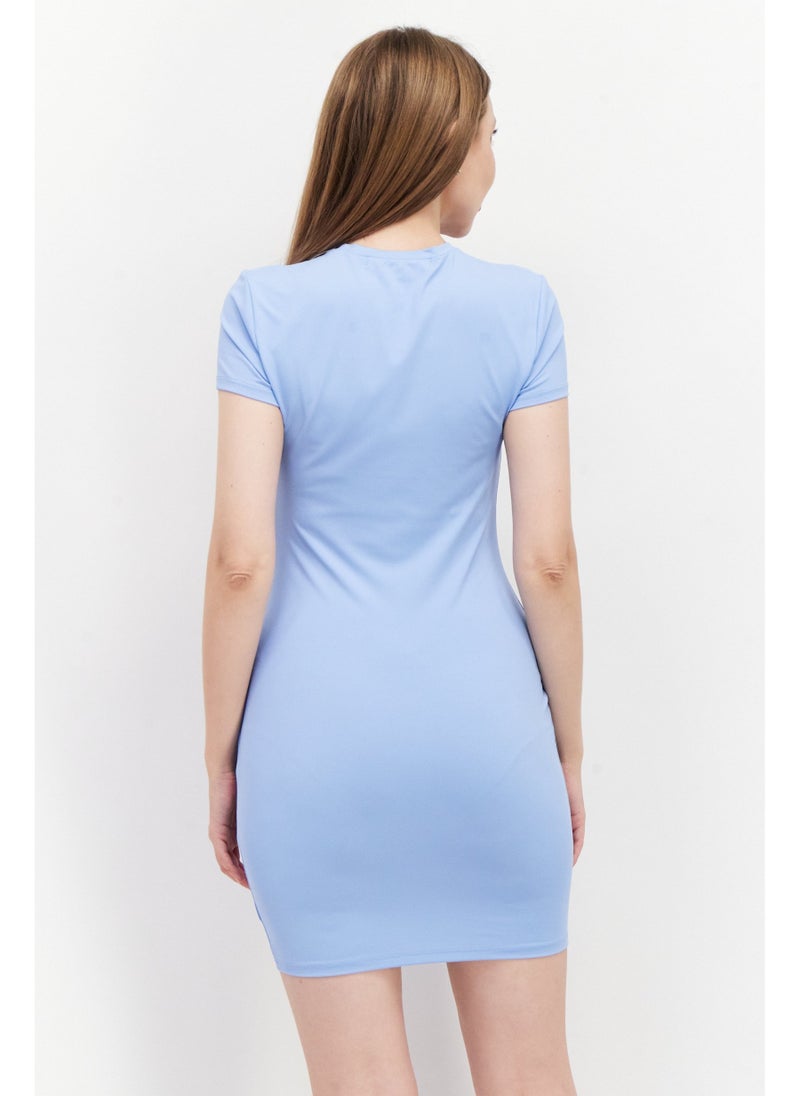 Women Plain Mini Casual Dress, Stone Blue