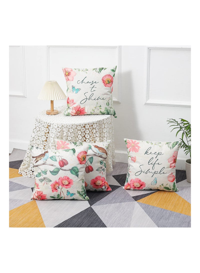 Throw Pillow Covers, Set of 4 Spring Flower Pillow Covers Linen Decorative Pillow Cases for Sofa Couch Living Room Outdoor (45 * 45 cm, Pink Flower)