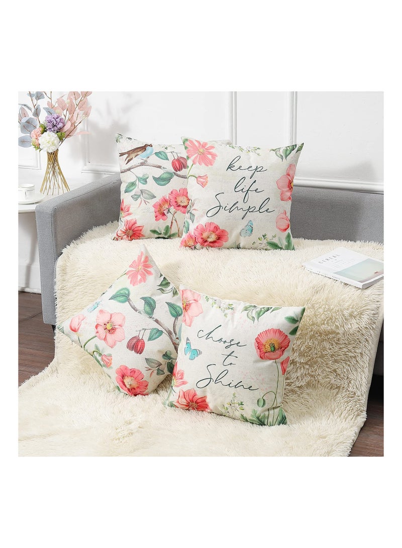 Throw Pillow Covers, Set of 4 Spring Flower Pillow Covers Linen Decorative Pillow Cases for Sofa Couch Living Room Outdoor (45 * 45 cm, Pink Flower)