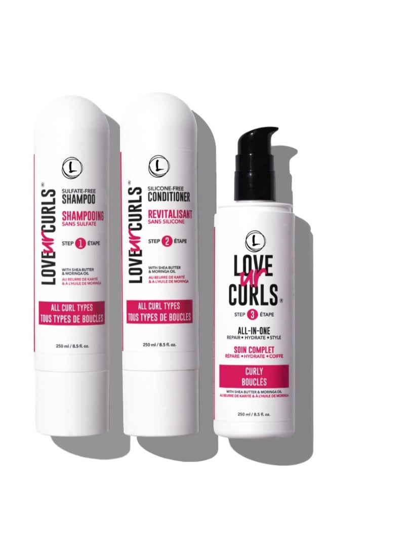 Love Ur Curls - LUS Shampoo & Conditioner Set with All in One Curl Cream Styler for Curly Hair, 3 Step System to Repair and Moisturizing