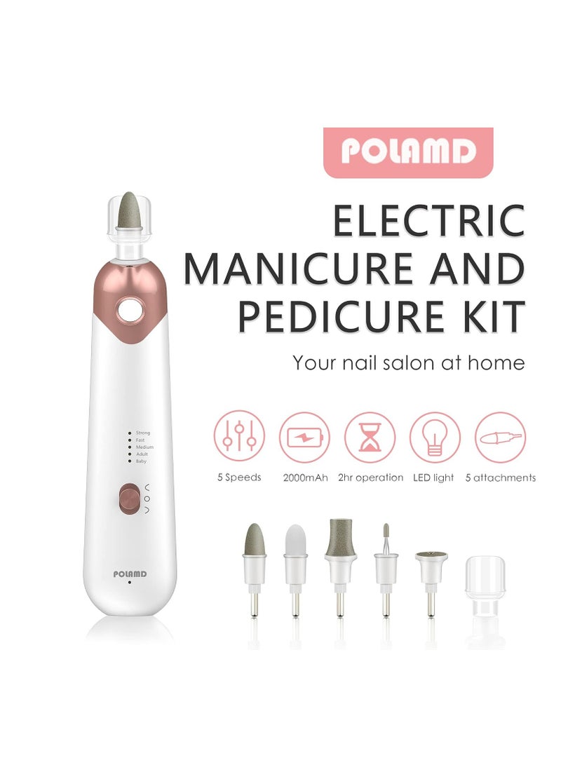 Professional Manicure Pedicure Kit, Electric Nail File Set, Cordless Electric Nail Drill Machine, 5 Speeds Hand Foot Care Tool for Nail Grind Trim Polish(White)