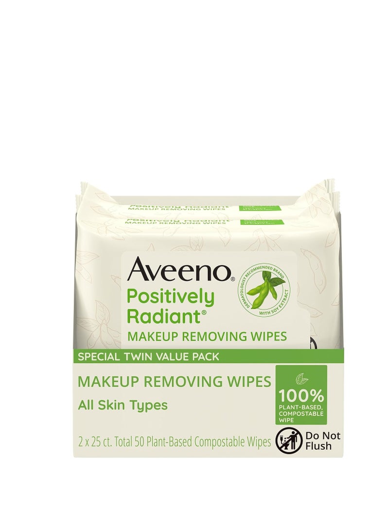 Aveeno Positively Radiant Oil-Free Makeup Removing Face Wipes to Help Even Skin Tone and Texture with Moisture-Rich Soy Extract, Gentle Facial Cleansing Wipes, Twin Pack, 2 x 25 ct.