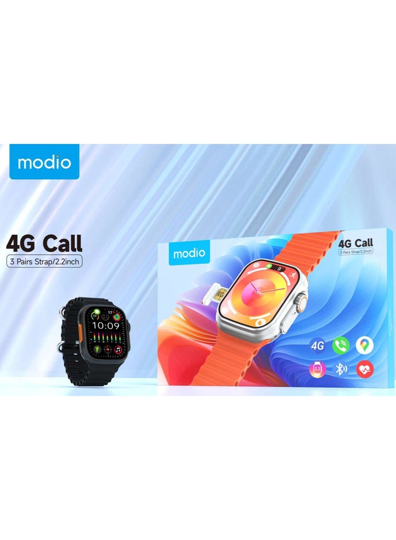 Modio 4G Call 2.2 Inch Full Screen Display Sim Card Supporting Smart Watch With 3 Pair Straps and Wireless Charger For Gents and Boys Black