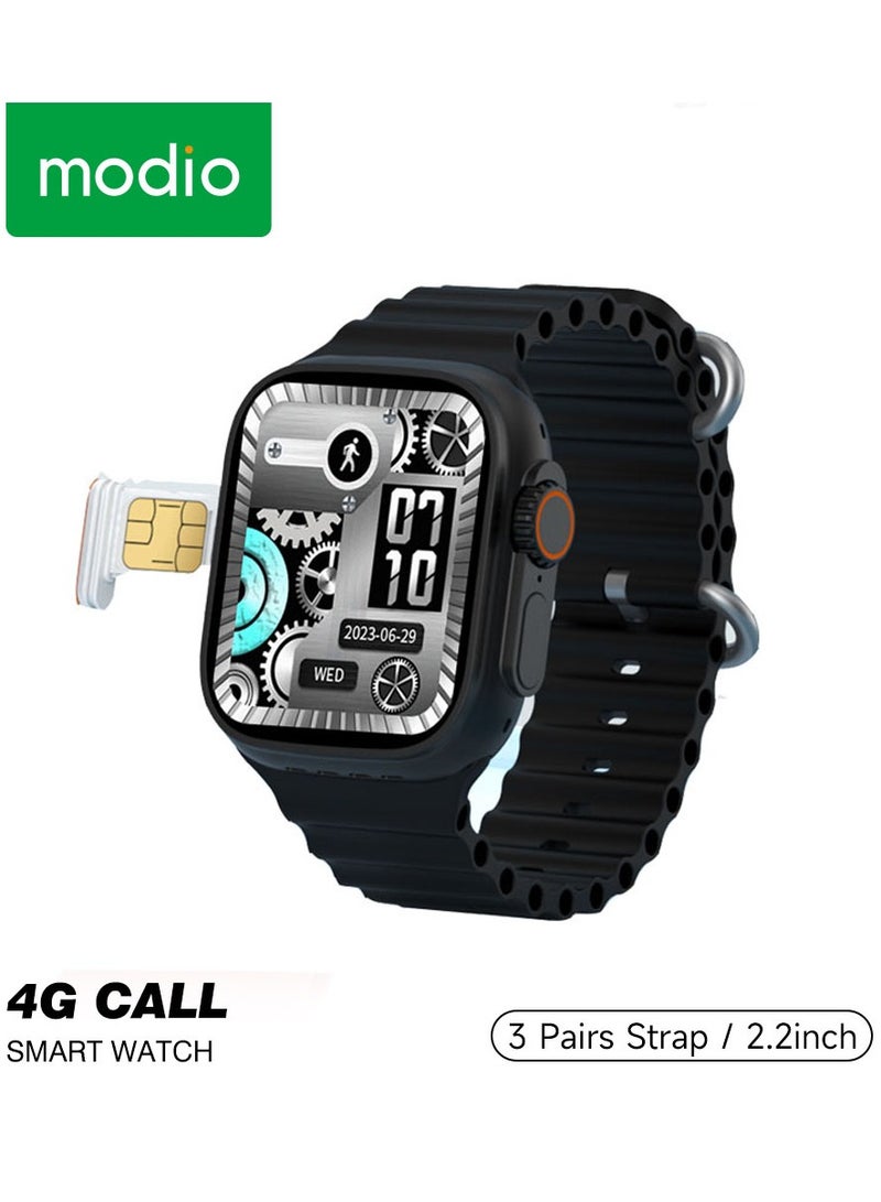 Modio 4G Call 2.2 Inch Full Screen Display Sim Card Supporting Smart Watch With 3 Pair Straps and Wireless Charger For Gents and Boys Black