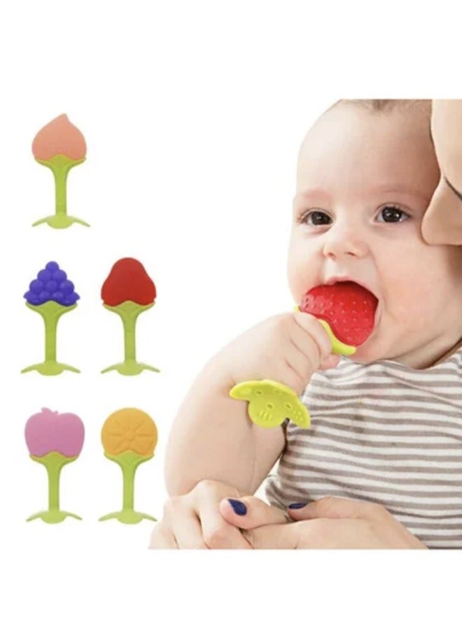 5-Piece Food-grade Non-toxic Soft Silicone Fruit Teething Toy With Holder,BPA Free Infant and Toddler Silicone Teethers Soothe Babies Gums, Perfect Baby Gift