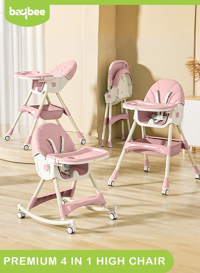 IRIS 3 in 1 Baby High Chair For Kids, Baby Feeding Chair Booster Seat With Rocker, Wheels, Storage, Recline - Pink