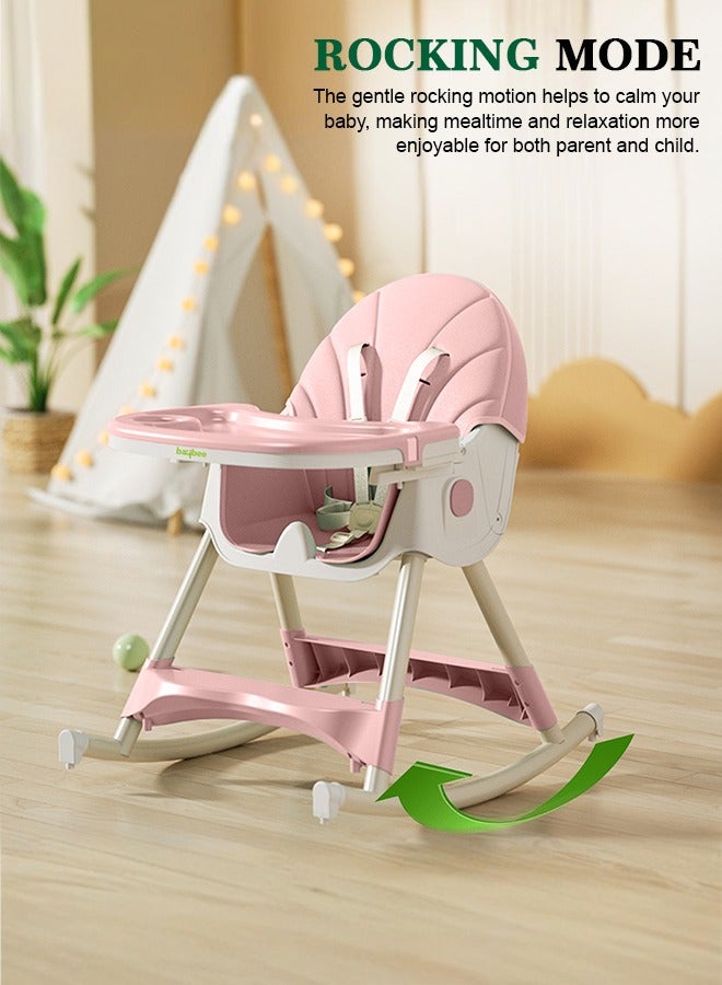 IRIS 3 in 1 Baby High Chair For Kids, Baby Feeding Chair Booster Seat With Rocker, Wheels, Storage, Recline - Pink