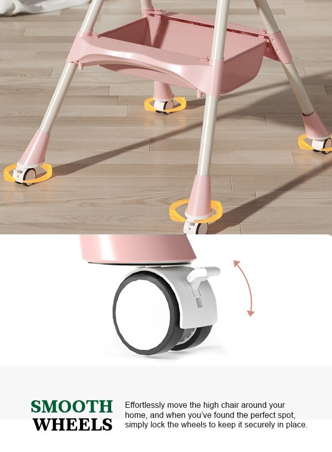 IRIS 3 in 1 Baby High Chair For Kids, Baby Feeding Chair Booster Seat With Rocker, Wheels, Storage, Recline - Pink