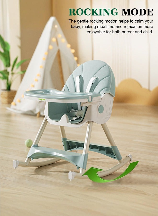 IRIS 3 in 1 Baby High Chair for Kids,  Baby Feeding Chair Booster Seat with Rocker, Wheels, Storage, Recline, Tray & Footrest, Foldable High Chair for Baby Toddlers 6 months to 4 Years Green